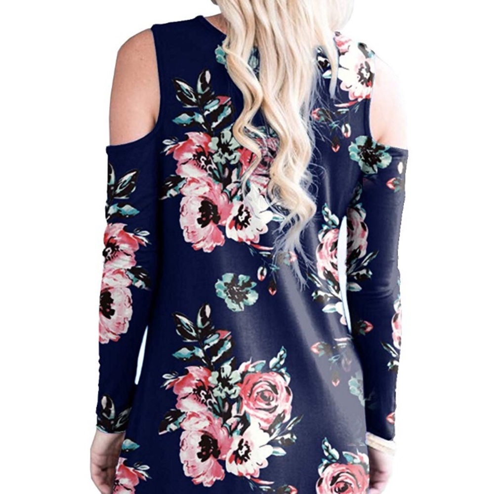 Cold Shoulder Navy Floral Womans Tunic Swing Dress - Picture 3 of 3